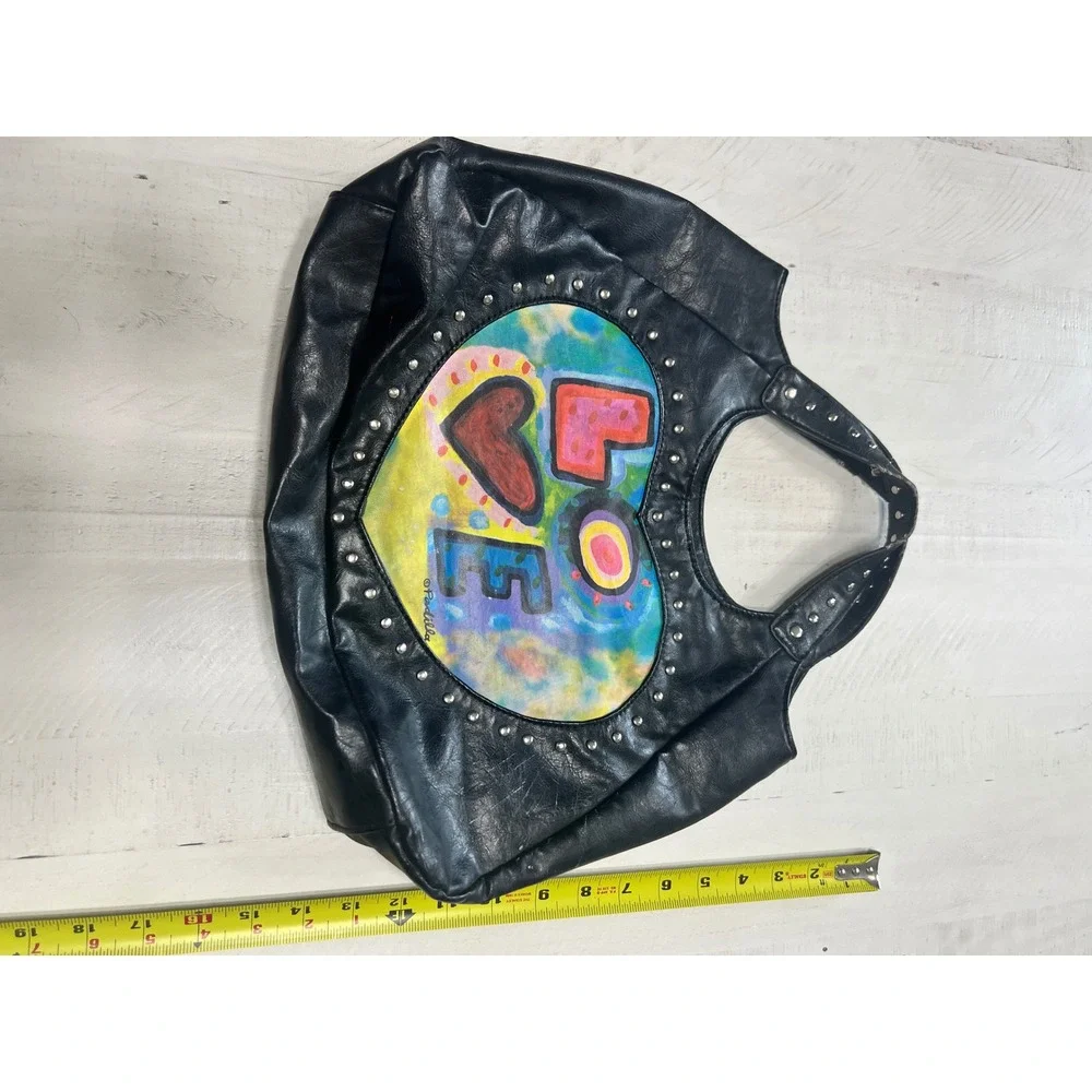 Y2K Susan Nichole Padilla Art Love Heart Studded Black Faux Leather Boho Handbag - Picture 3 of 8